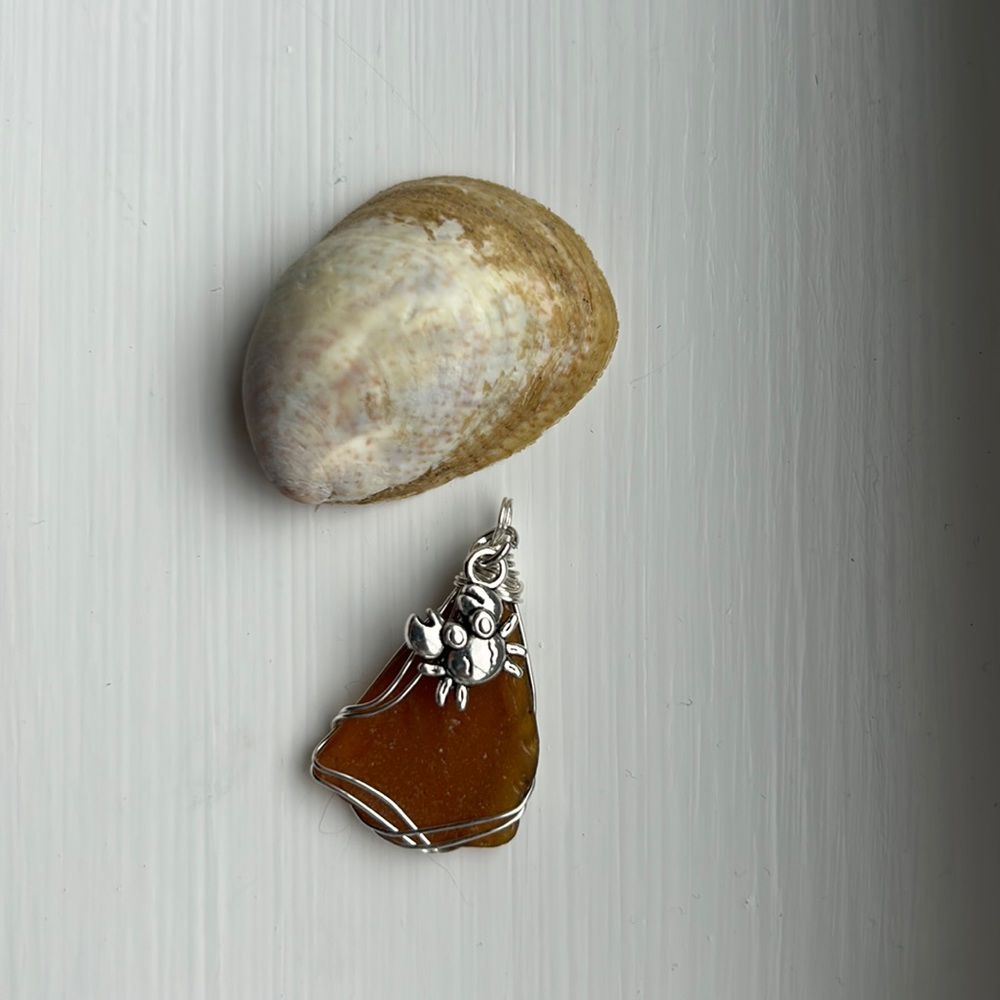 New Handmade sea glass pendant with a crab charm | Brown sea glass.